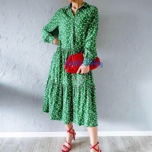 H&M Boho Green/White Floral Tired Dress S